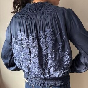 Navy Blue Light Weight Zip Up Silk Ruffle Retro Floral Embroidered Jacket Small